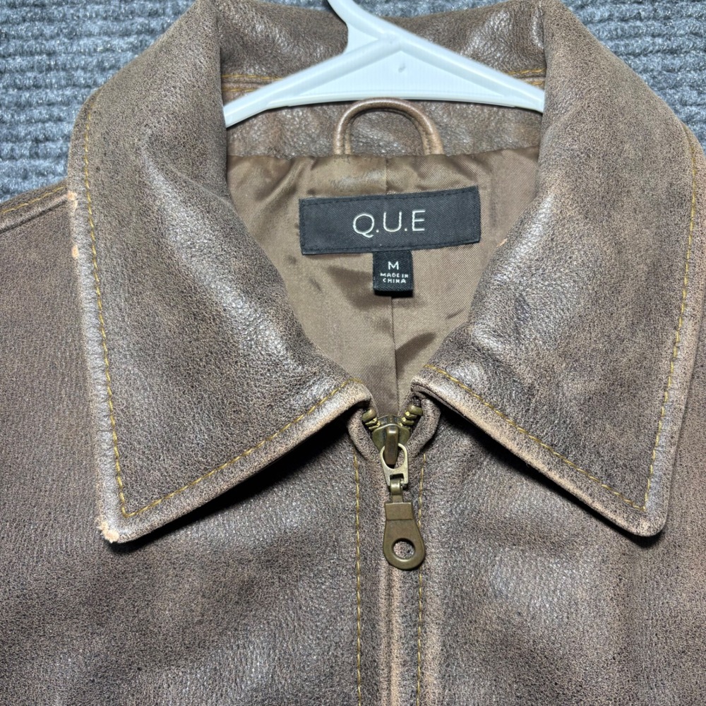 Q.U.E. Womens Brown Genuine Leather Distressed Full Zip Jacket Size M RN 58909